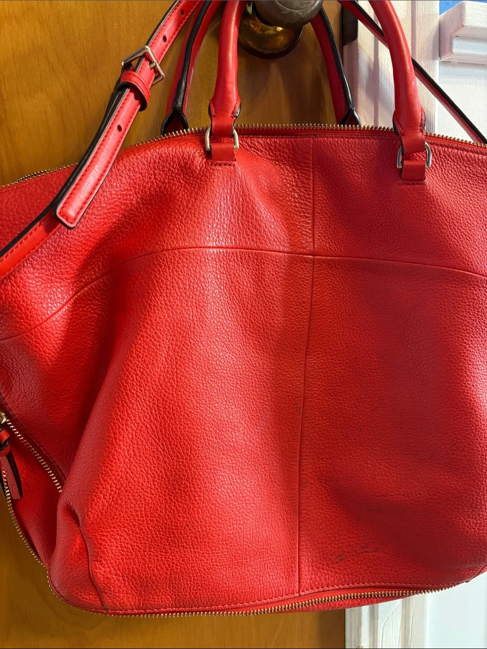 Tory Burch Red Leather Pebbled Tote with Detachable Strap
